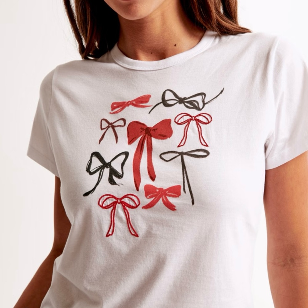 Abercrombie & Fitch White Tee with Red and Black Bow Design